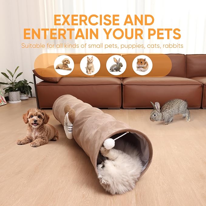 Collapsible Cat Tunnel Straight Tube for Indoor Cats & Kittens Large Foldable Play Cave Toy with Hanging Ball & Peek Hole,Ideal for Rabbits, Ferrets, Puppies & Small Pets-PawvioPets