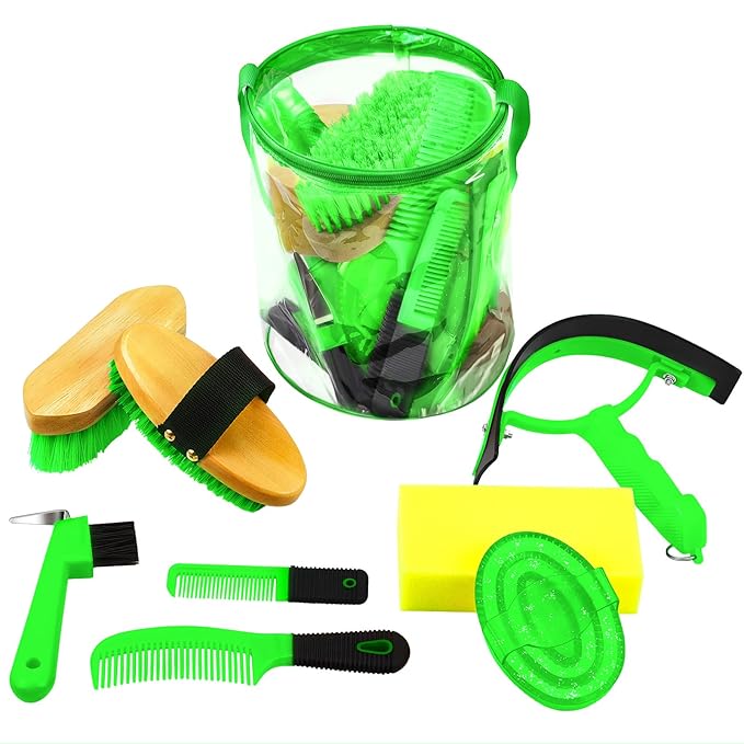 9 Pieces Horse Grooming Kit Tack Room Supplies Set with Organizer Tote Bag, Oval Massage Curry, Hard and Soft Brush, Hoof Pick, Sweat Scraper, Bathing Sponge, Combs for Horse Riders Beginners (Green)-PawvioPets