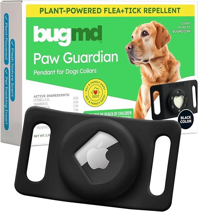BugMD Paw Guardian Flea and Tick Prevention Pendant for Dogs with AirTag Holder | Plant-Powered Flea & Tick Control for Dog Collars Harnesses | Dog Tag with Air Tag Holder - Black-PawvioPets