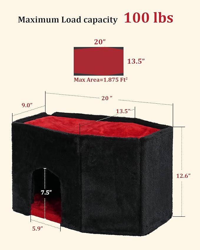 Gothic Cat Condo Cave for Indoor Cats, Spacious Indoor Coffin Cat House Bed,Large 20x13.5inch Bunk Perch, Stable Cubbie for Pets Rabbits, Halloween Red Black-PawvioPets