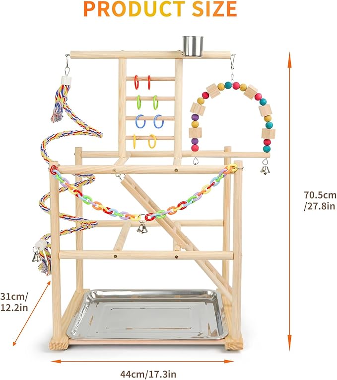 Bird Playground, Parrots Playstand for Small to Medium Birds, Perch Stand with 3 Ladders Playgym with Rope Perch, Swings Feeder Cups Bird Cage Accessories for Conure Cockatiel Lovebirds-PawvioPets
