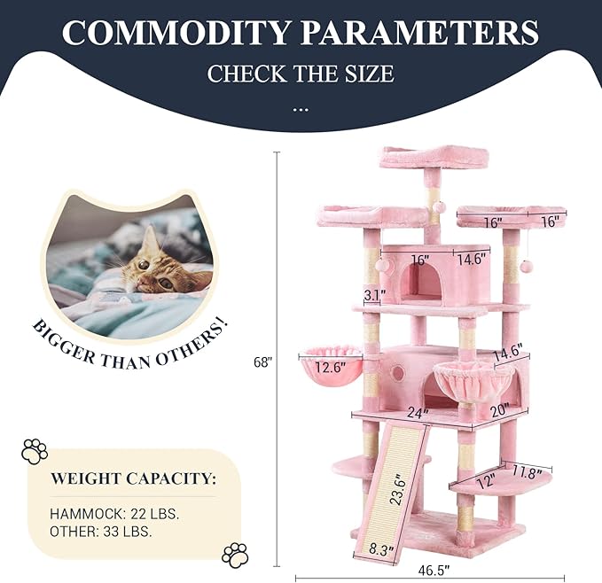 Allewie 68 Inches Cat Tree/House and Towers for Big Feline/Scratching Post/Multi-Level Large Kitty Climbing Tree with Condo/Pink-PawvioPets