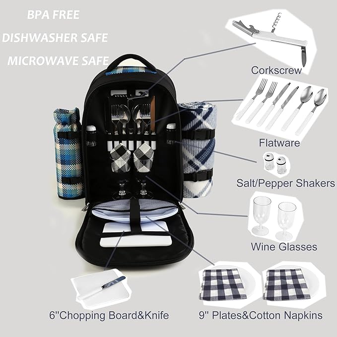 apollo walker Picnic Backpack Bag for 2 Person with Cooler Compartment, Detachable Bottle/Wine Holder, Fleece Blanket, Plates and Cutlery Set-PawvioPets