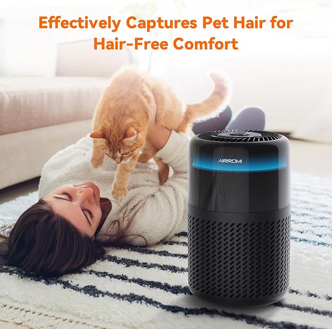 AIRROMI Air Purifier for Bedroom Home,HEPA Filter,Covers Upto 549 Ft²,Quiet 360°intake Air Cleaner with Fragrance ponge for Better Sleep,Night Light,Filters Smoke,Pet Dander,Allergies,Dust,A2005 Black-PawvioPets