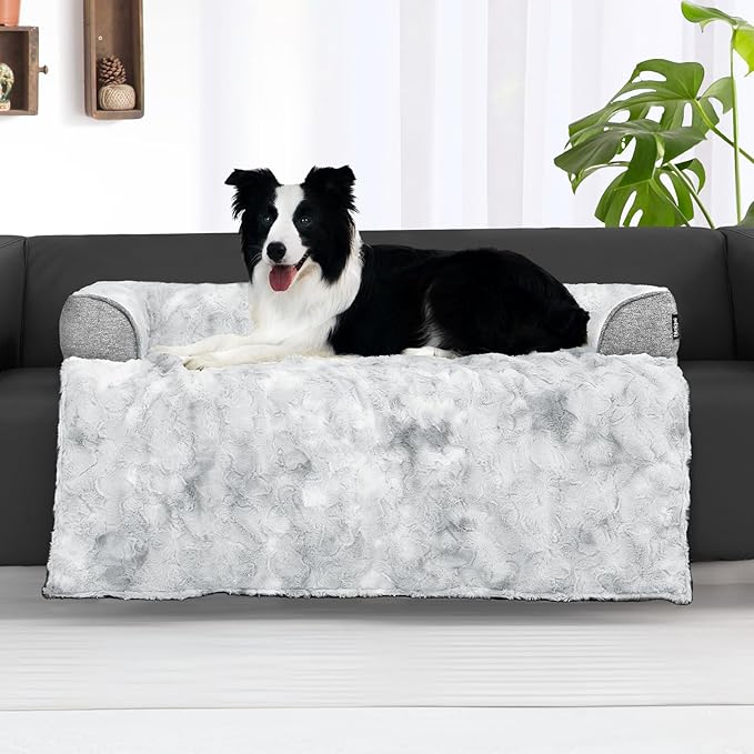 Calming Dog Couch Bed for Large Dogs, 41 x 37 inch Waterproof Removable Pet Mat Couch Cover for Furniture Protector, Non-Slip Fluffy Pelsbarn Dog Bed for Couch, Sofa, Outdoor - Tie-Dye Grey-PawvioPets