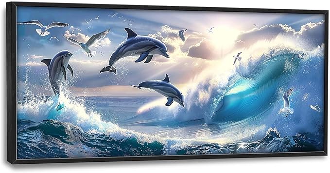Dolphin Seagull Large Wall Art Sea Ocean Waves Sunrise Pictures Wall Decor Nautical Coastal Canvas Print Painting Artwork for Bathroom Living Room Bedroom 60L" x 30W"-PawvioPets