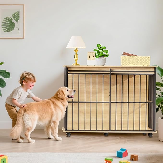 43.7" Dog Crate Furniture, XL Dog Crate Dog Kennel Indoor with Wheels for Large Medium Small Dogs, Wooden Dog Kennel End Table with Sliding Door Wooden Furniture Crates for Living Room, Bedroom-PawvioPets