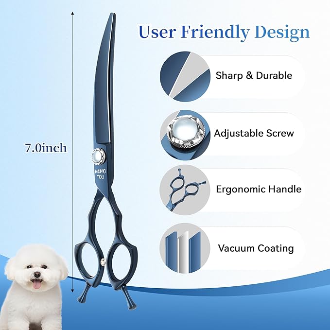 7 inch Matte Blue Curved Dog Grooming Scissors Professional 440C Stainless Steel Dog Shears Smooth Cutting Comfortable Grip and Easy to Use for Groomers and Home Use-PawvioPets
