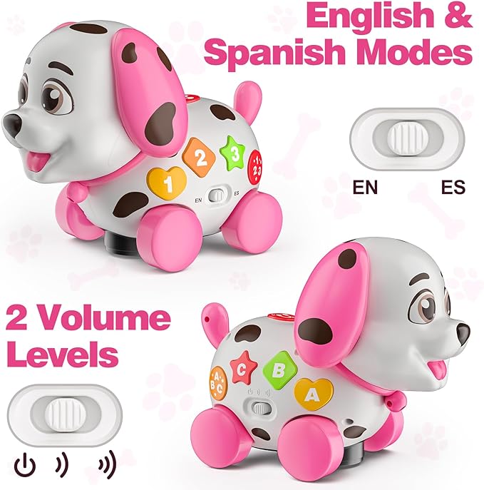 3-in-1 Musical Puppy Toys for 1 Year Old Girl Gift, Educational Baby Toy 6-12-18 Month, 1st Birthday Gift for 1 Year Old Girl Boy, First Bilingual Present for 7 8 9 10 Month Infant (Pink)-PawvioPets