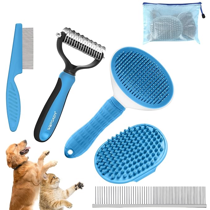 5 in 1 Dog Grooming Kit - Self-Cleaning Slicker Brush for Shedding Short Long Haired Dogs & Cats, Includes Pet Comb, Flea Comb, Bath Brush, Undercoat Rake - Complete Fur Care Set - Blue-PawvioPets