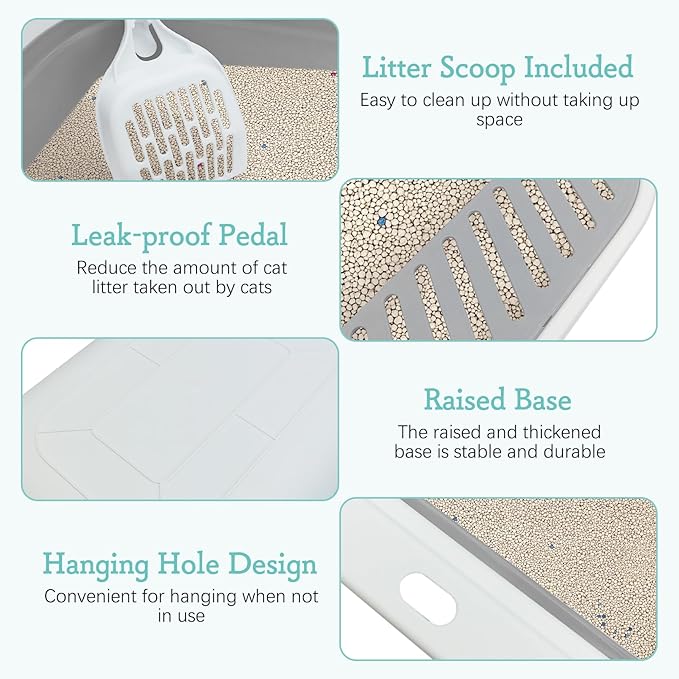 Fhiny Cat Litter Box Portable Shallow Litter Box 17.7"x13.4"x4.9" Foldable Cat Toilet with Scoop Open Kitty Potty Pan with Litter Drop Pedal Easy to Clean Travel Kitten Toilet(Gray)-PawvioPets