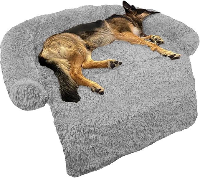 GGIB Calming Dog Bed Fluffy Plush Dog Mat for Furniture Protector with Removable Washable Cover for Large Medium Small Dogs and Cats (Large, Grey)-PawvioPets