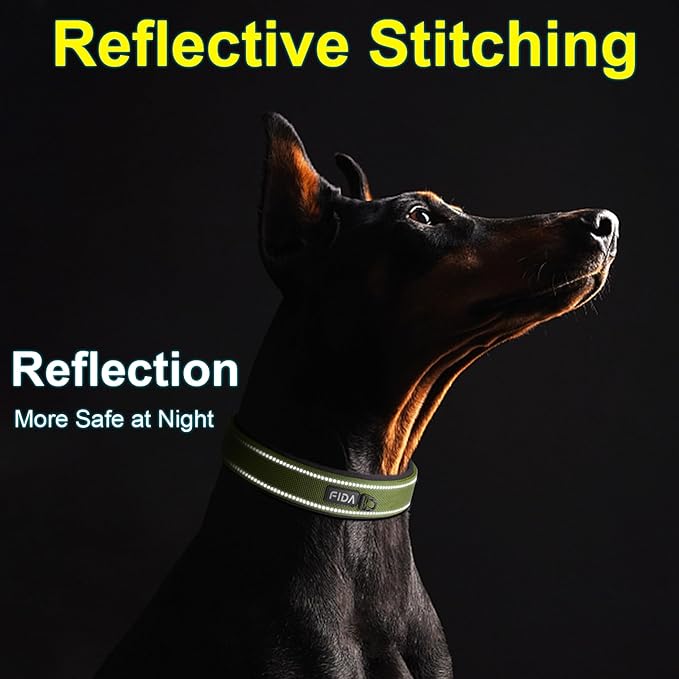 Fida Heavy Duty Dog Collar for Large Dogs, Ultra Comfortable Soft Neoprene Padded, Adjustable Reflective Nylon Pet Collar with Durable Metal Belt Buckle for Large Breeds (L, Green)-PawvioPets
