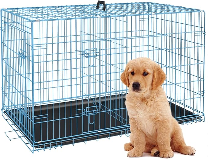 BestPet | Dog Crate | 24" | Blue | Foldable Metal Kennel with Double Doors, Secure Slide-Bolt Latches, Leakproof Tray | Portable Dog Cage for Small Breeds | for Travel, Indoor & Outdoor Use-PawvioPets