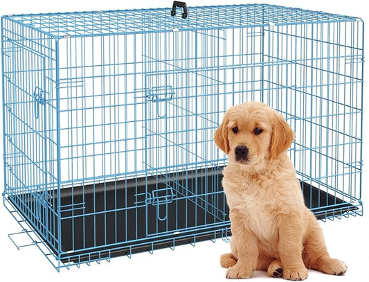 BestPet | Dog Crate | 24" | Blue | Foldable Metal Kennel with Double Doors, Secure Slide-Bolt Latches, Leakproof Tray | Portable Dog Cage for Small Breeds | for Travel, Indoor & Outdoor Use-PawvioPets