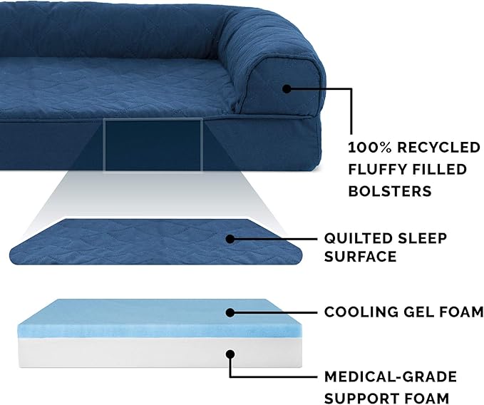 Furhaven Cooling Gel Dog Bed for Large Dogs w/ Removable Bolsters & Washable Cover, For Dogs Up to 125 lbs - Quilted Sofa - Navy (Blue), Jumbo Plus/XXL-PawvioPets