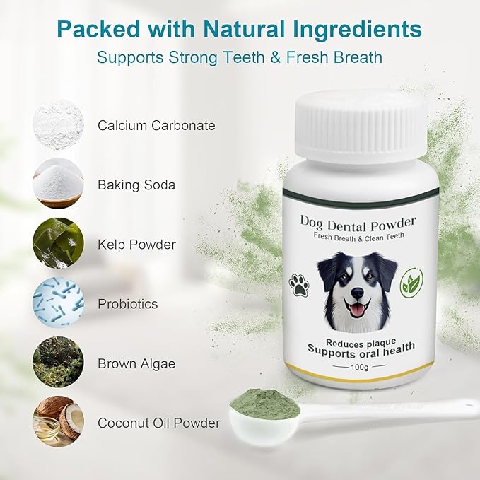 Dog Teeth Cleaning Powder 100g Fights Plaque & Tartar Freshens Breath All-Natural Ingredients for Dogs of All Breeds and Ages Easy to Use Dog Dental Powder-PawvioPets
