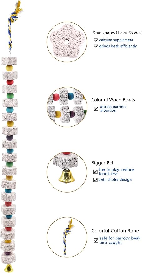 2 Pack 27 Inches Extra Long Bird Chewing Toy, Parrot Beak Grinding Calcium Stone with Bells, Bird Cage Accessories, Cage Toys for Cockatiel Parakeet Parrot Budgies Rat Hamster Rabbit African Grey-PawvioPets