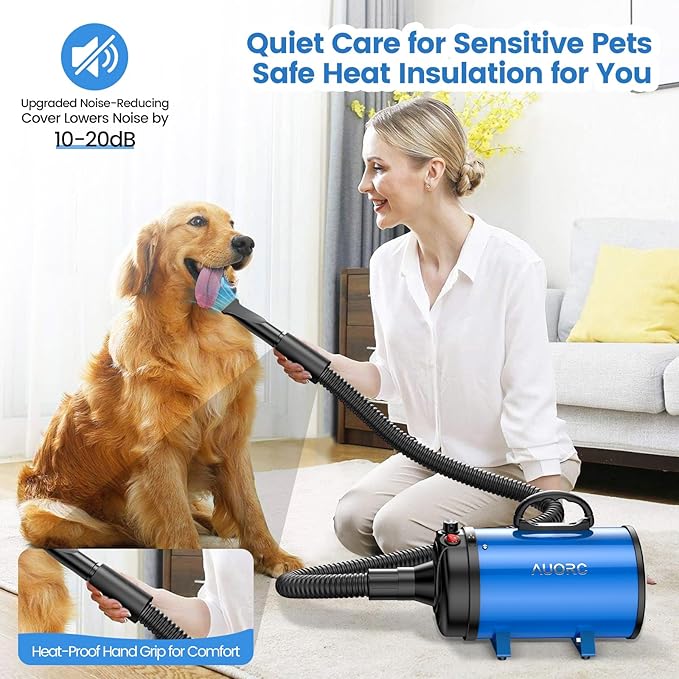 Dog Dryer, 5.2HP/3800W High Velocity Dog Hair Dryer with 4 Nozzles, Stepless Adjustable Speed & Temperature Control, Low Noise Professional Dog Grooming Dryer (Blue)-PawvioPets