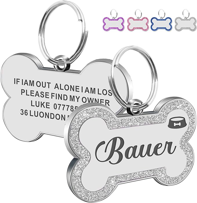 Dog Tags Personalized for Pets Dog Name Tags Personalized Dog Tag Engraved with Any Name & Text Custom Dog ID Tags Glitter Bone ID Tag for Puppy Cat (Silver S, Bone)-PawvioPets
