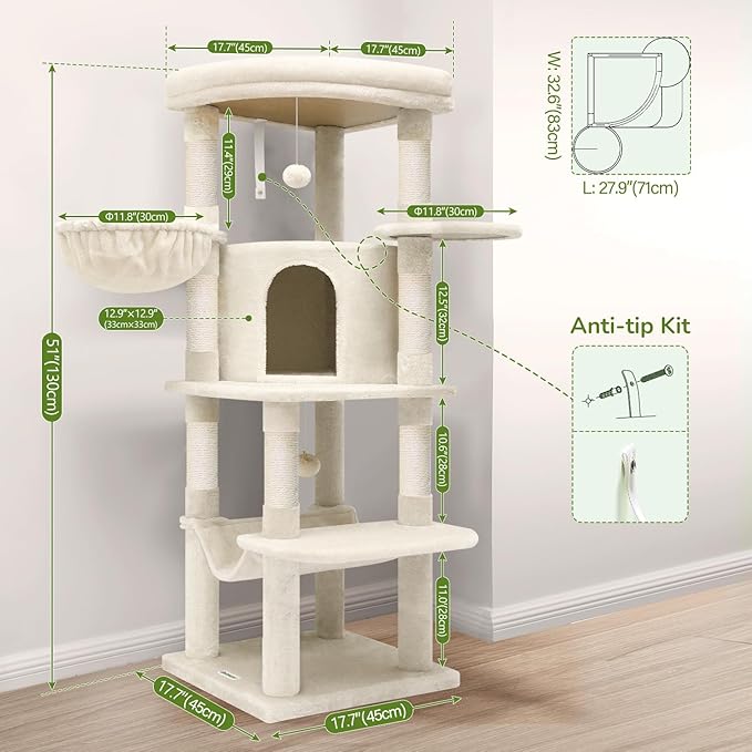 Globlazer Corner Cat Tree Tower with Scratching Post for Indoor Cats, 51in Plush Multi-Level Cat Tower with Large Hammock, Fan-Shaped Padded Perch, Spacious Cat Condo, Hanging Basket, C51, Light Beige-PawvioPets
