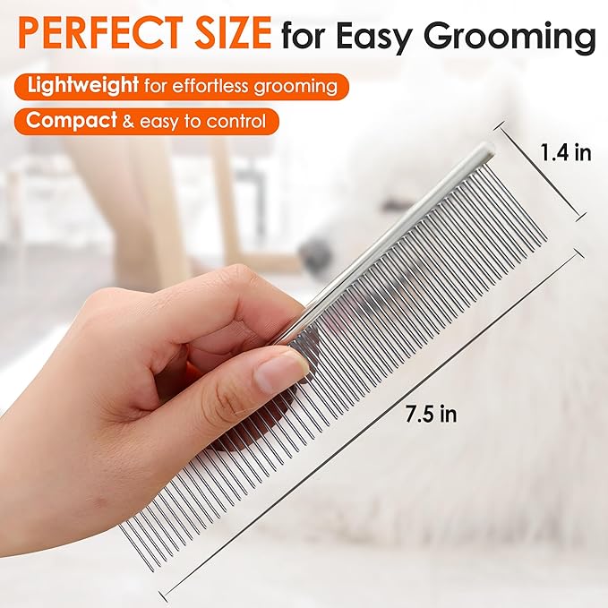 Dog Comb to Remove Tangles and Knots, Cat Comb with Stainless Steel Teeth and Non-Slip Handle, Dog combs for grooming matting for Long Haired Pets (Large)-PawvioPets