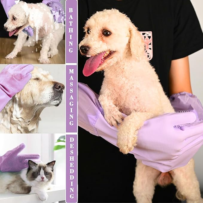 Dog Washing Gloves, Pet Grooming Gloves with Soft Brushes, Bathing and Massaging for Dogs and Cats, Silicone Heat Resistant Cleaning Gloves with High-Density Teeth (Purple)-PawvioPets