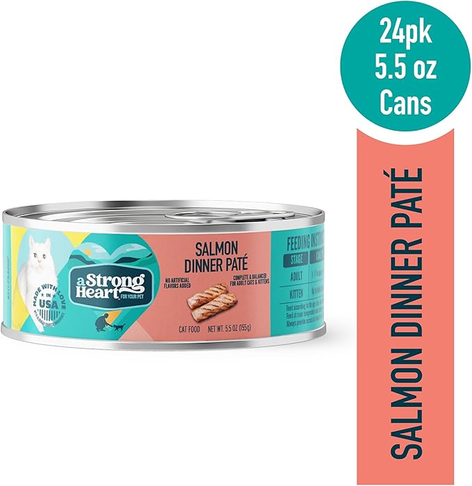 A Strong Heart Canned Wet Cat Food, Salmon Dinner Paté - 5.5 oz Cans (Pack of 24), Made in The USA with Real Salmon-PawvioPets