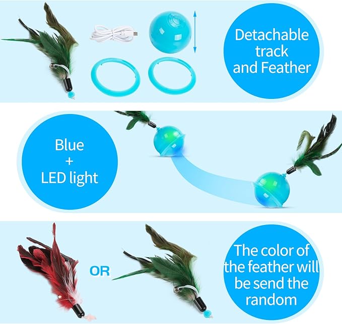 Cat Feather Toy Ball Automatic Moving Interactive Cat Toys for Indoor Cats, Self Rolling Electric Smart Tumbler Ball with Colorful Light and Big Feather Chasing Game (Blue)-PawvioPets