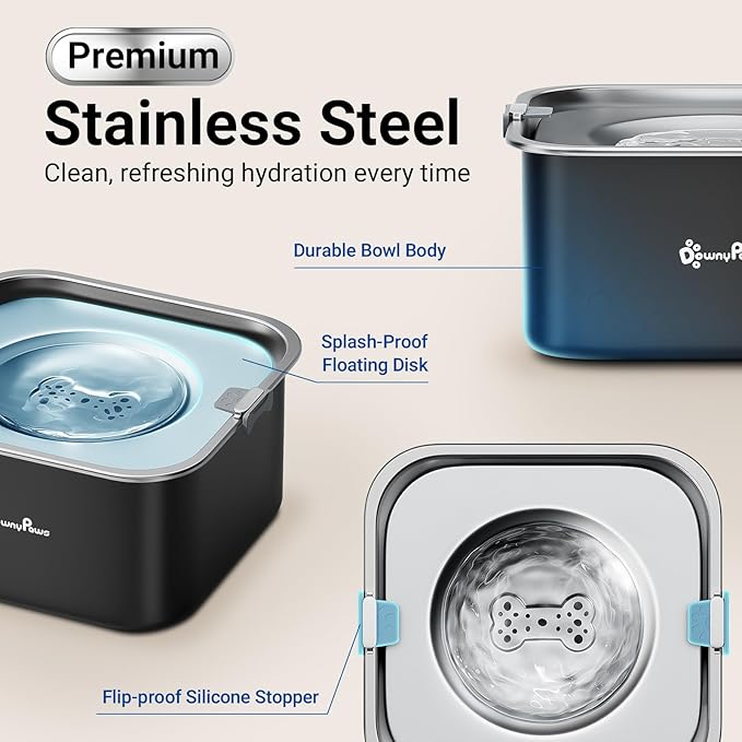DownyPaws No Spill Water Bowl for Dogs,101oz/3L Slobber Stopper Stainless Steel, Slow Drinking Dog Water Bowl, No Mess Dog Water Dispenser Spill Proof, Dishwasher Safe, Black-PawvioPets
