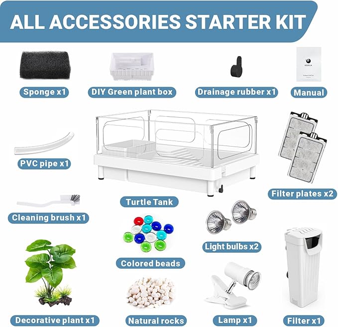 GOZILLA Small Turtle Tank Kit(Tank+Lamp+Filter), Acrylic Turtle Starter Kit with Adjustable Lamp, Reptile Habitat and Terrarium with Multi-Functional Areas for Small Reptiles. (White Kit)-PawvioPets
