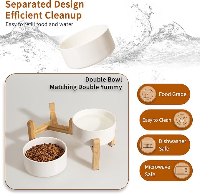 Elevated Ceramic Dog Bowl Set - Raised Dog Bowls with Non-Slip Bamboo Stand - Dog Food and Water Bowl Set - Double Dog Feeding Bowls - Suitable for Small and Medium Dogs - 28.74 OZ - 3.6 CUPS - 850 ML-PawvioPets