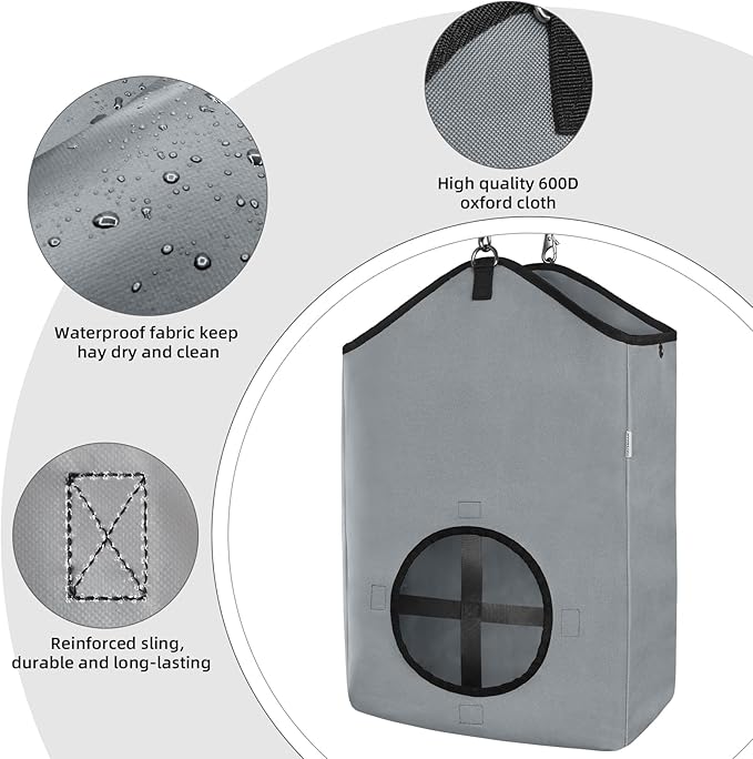 3 PCS Goat Hay Feeder,Hay Bags for Horses,Goats,Donkeys with Reinforced Oxford Fabric and High Strength Metal Clasp,Horse Feeding Supplies with Adjustable Strap for Easy Hanging (2Grey+1Black)-PawvioPets