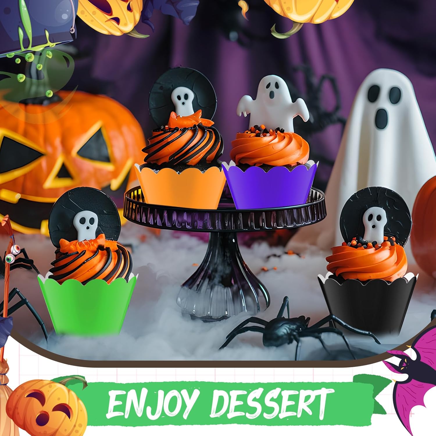 Domensi 100 Pcs Halloween Cupcake Wrappers Rustic Cupcake Liners Orange Black Purple Green Baking Cups Baking Liners for Wedding Bridal Baby Shower Birthday Halloween Party Supplies Dessert Decoration