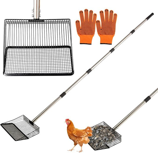 10inch Large Metal Chicken Poop Scooper, 36" to 75" Long Chicken Coop Litter Scoop with Stainless Steel Adjustable Handle, 4 in 1 Detachable Litter Sifting Shovel Scoop for Chicken Coop Accessories-PawvioPets