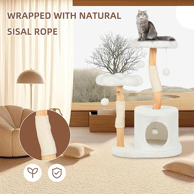 Cute Cat Tree Tower for Indoor Cats Adult, Wood Flower Cat Trees with 6 Pompoms, Modern Cat Tree Tower with Scratching Post, Aesthetic Luxury Cat Condo for Cats Kitten, Alpine White-PawvioPets
