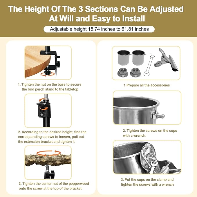 18-27 Inch Height Adjustable Bird Perch Pepper Wood Desktop Bird Training Perch Stand with Feeding Cups and Swing Toy Parakeet Perches Indoor and Outdoor Parrot Stand for Small to Medium Birds-PawvioPets