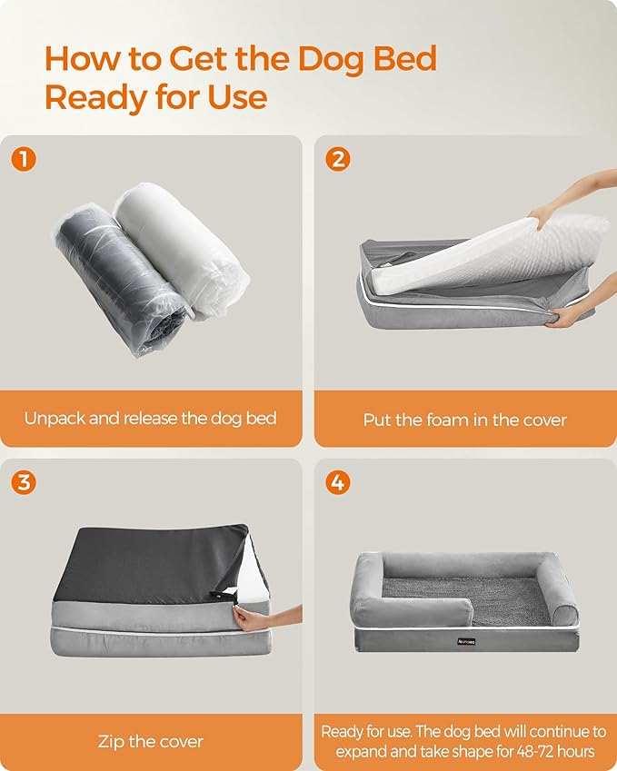 Feandrea Orthopedic Dog Bed, Large Dog Bed Waterproof, Removable Washable Cover Sofa with Non-Slip Bottom, Raised Edges, 48 x 33 x 8 Inches, Light Gray UPGW078G02V1-PawvioPets