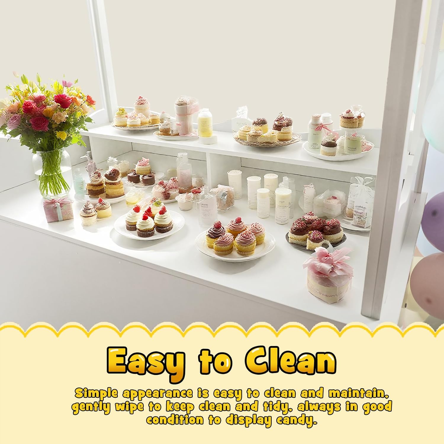 7FT Candy Cart Display Stand with Decorated Wheels, Dessert and Party Decoration Cart with 100 Ballons, Easy to Install Vintage for Parties, Birthdays, Weddings, (White)