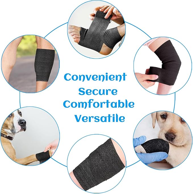 36 Rolls Elastic Self Adhesive Bandage Wrap 2 Inch, Breathable Non Woven Cohesive Bandage, Vet Wrap for Dogs, Ankle Sprains Swelling Medical First Aid Tape, Sports Athletic Tape Black-PawvioPets