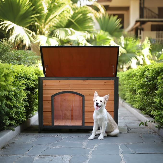 Dog House Outdoor Weatherproof 34.3" L Chew Proof Outside Dog Kennel for Small Medium Dogs with Strong Metal Chew Proof Frame Raised Design-PawvioPets
