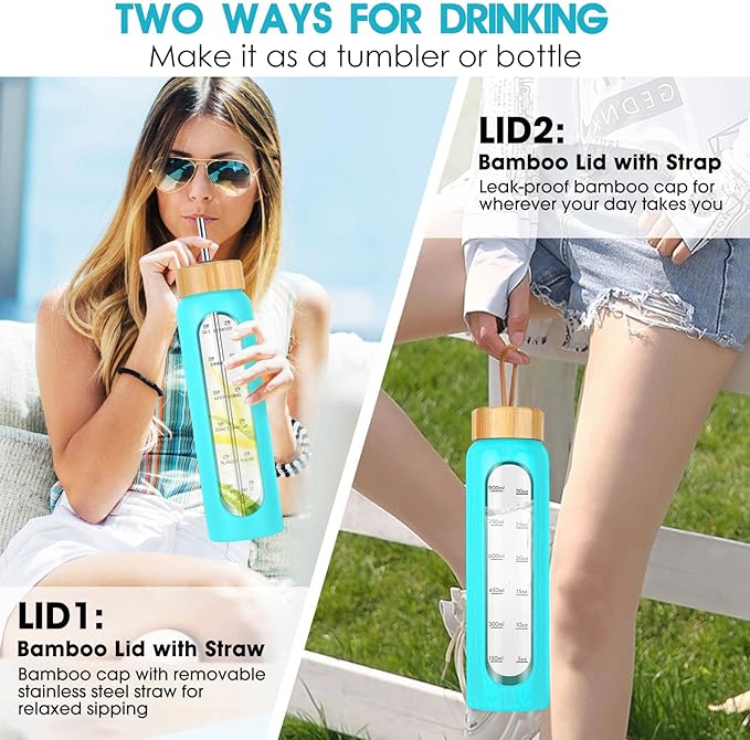 32 oz Glass Water Bottle with Straw - Motivational Time Marker & Silicone Sleeve - Reusable Tumbler Includes 2 Bamboo Lids & Fruit Infuser - 1 Pack-PawvioPets