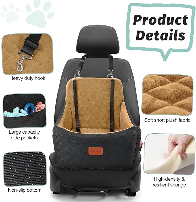 Dog Booster Car Seat for Up to 35lbs Pets,Easy to Install,Fully Detachable and Washable,Anti-Slip Base,Snug Puppy Car Seat with 2 Clip-On Leashes(Black/Coffee,Medium)-PawvioPets