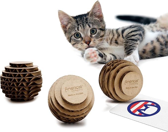 Cat Ball Toys by Americat – Made in USA – Safe Cardboard Cat Toys – for Interactive and Independent Play, Exercise & Stress Relief for All Breeds & Ages (Pack of 3 Round Balls)-PawvioPets