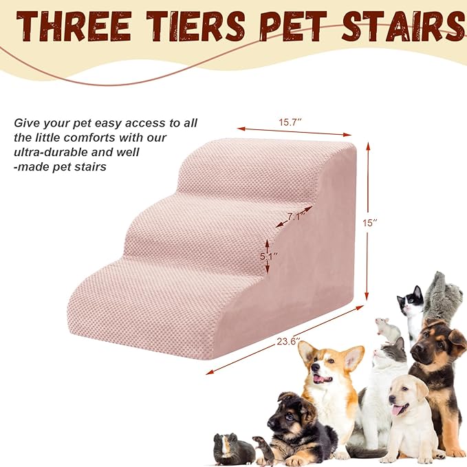 Dog Stairs for Small Dogs - High Density Foam Pet Steps, Extra Wide Dog Ramp with Non-Slip Bottom for High Beds, Couch and Sofa, Best for Dogs Injured, Older Doggy Cats,3 Steps, Pink-PawvioPets