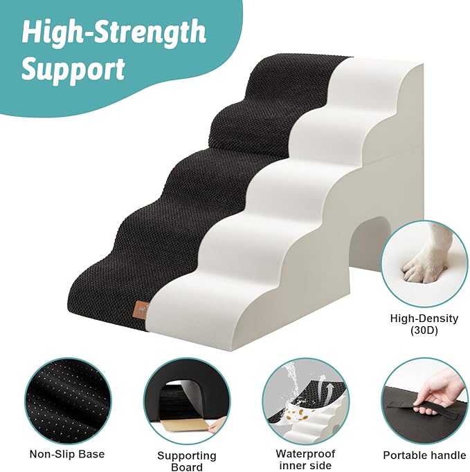 Extra Wide Dog Stairs with Tunnel, Detachable Large Pet Step for Small Medium Dog, Puppy or Cat, Ramp for High Bed, Couch, Sofa or Car, Stable, 19.7x33x22.4 inch, 5 Step, Black-PawvioPets