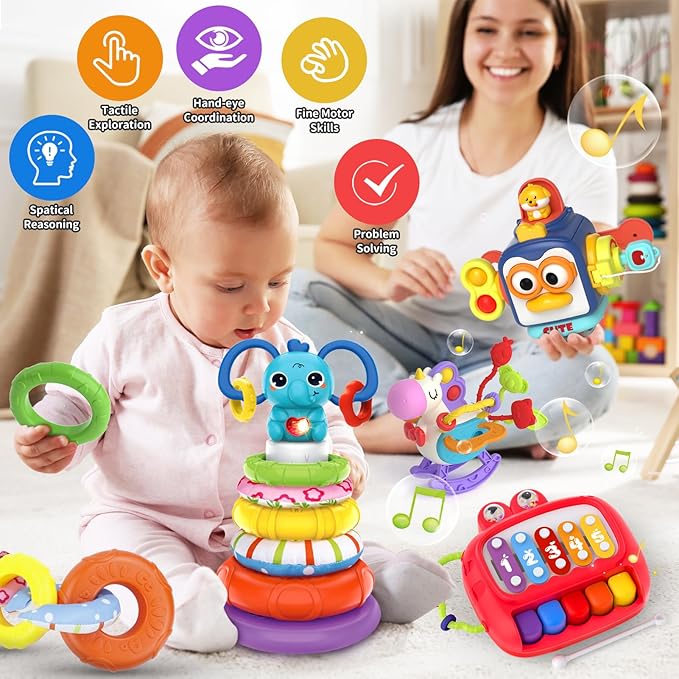 4 in 1 Baby Toys for 6 12 18 Month, Learning Toys for Babies 6-12 Months, Busy Cube, Stacking Sorter, Piano Xylophone Pull String Travel Toy, Birthday Gifts for Toddlers 1 2 Years Old-PawvioPets