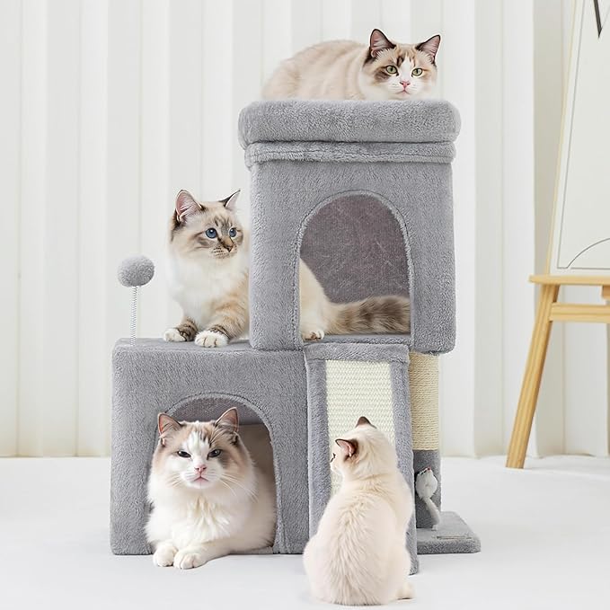 24inch Tall cat Tree with 2 cat condo and Mouse Toy Cozy Small cat Tower with Scratching Post and Board for Kitties and Small Cats.（Light Grey）-PawvioPets