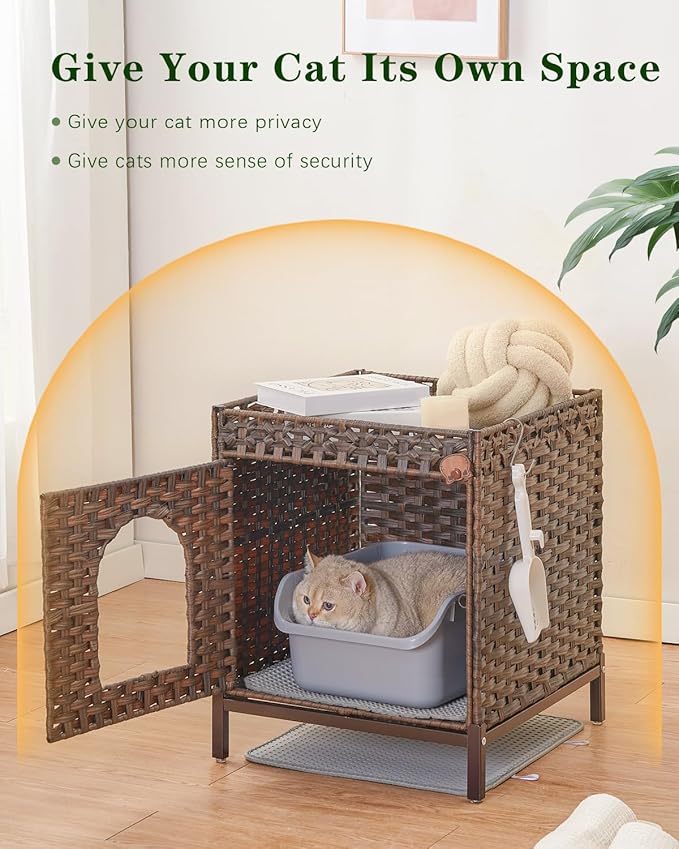 Cat Litter Box Enclosure Hidden Litter Box Furniture with Metal Heightened Feet, Rattan Handwoven Cat House with Litter Mat, Hidden Litter Box Furniture for Bedroom Living Room Brown-PawvioPets