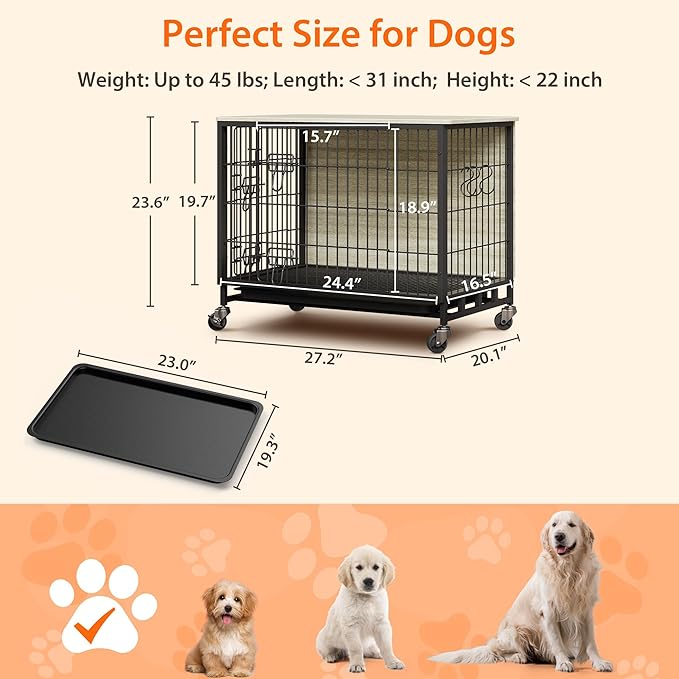 Dog Crate Furniture, 27.2" Small Dog Kennel Wooden Dog Crate with Pull-Out Tray, Double Doors, Modern End Table for Small/Medium Dogs, Rustic Brown-PawvioPets